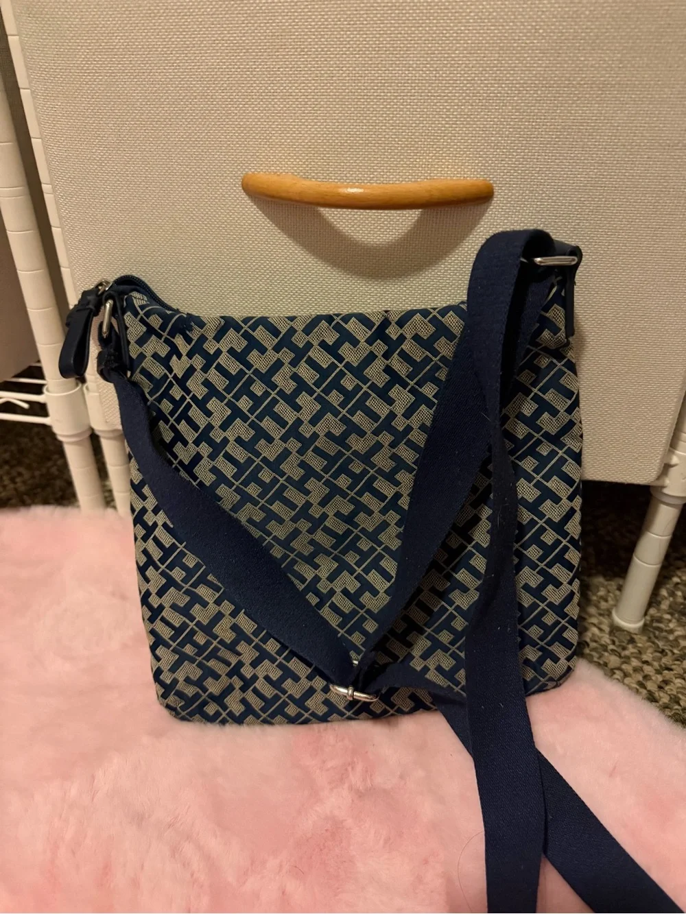 Tommy Hilfiger Navy and Beige Monogram Crossbody Bag